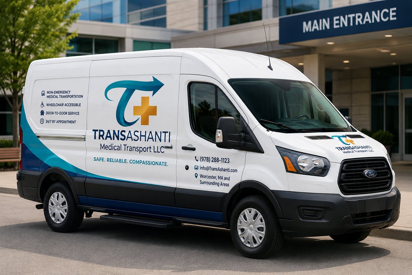 TransAshanti branded medical transport van parked outside a hospital main entrance