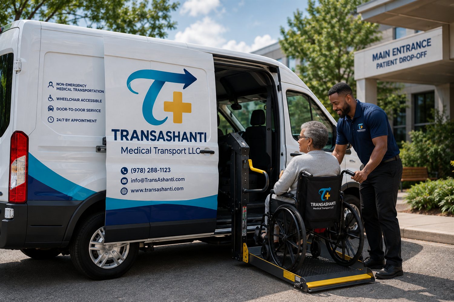 A TransAshanti driver assisting a passenger in a wheelchair at a hospital patient drop-off entrance
