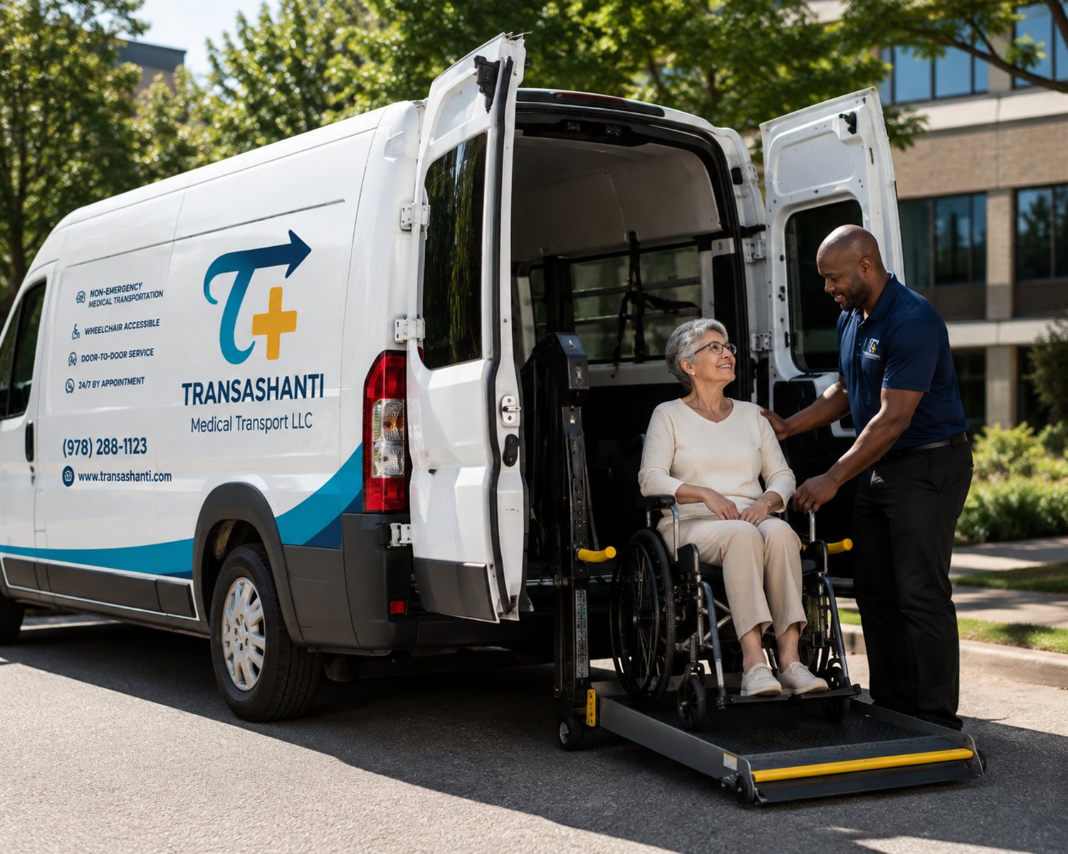 A TransAshanti driver assisting a smiling senior passenger in a wheelchair on the van's boarding lift